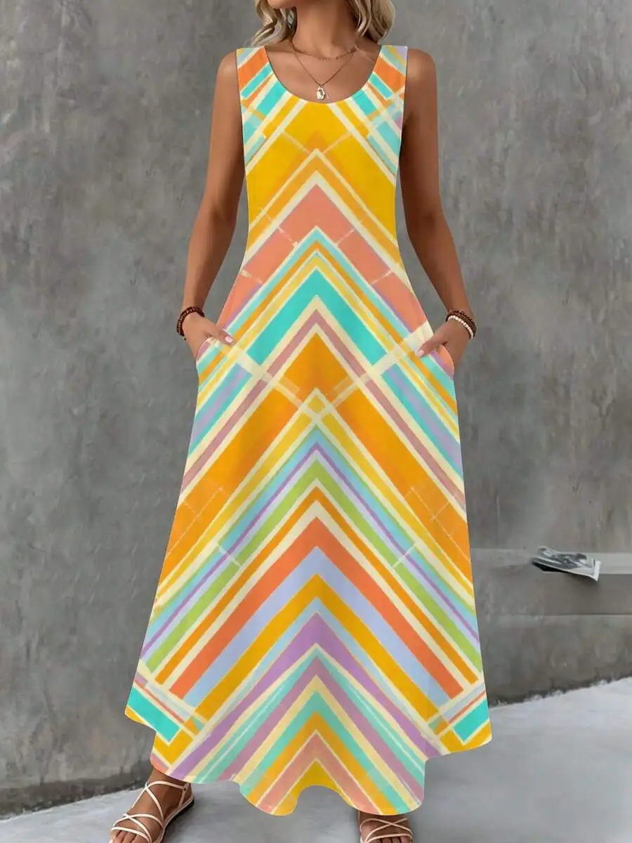 Sleeveless Maxi Dress Yellow Multicolor Geometric Print Summer Beach Vacation Wear
Sleeveless Maxi Dress Yellow Multicolor Geometric Print Summer Beach Vacation Wear