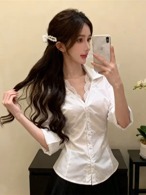 White Sexy Lace Splice Long Sve irt Women's Spring New High Waist Slimming Pure Desire Top Faion Sensation Slim Fit
White Sexy Lace Splice Long Sve irt Women's Spring New High Waist Slimming Pure Desire Top Faion Sensation Slim Fit