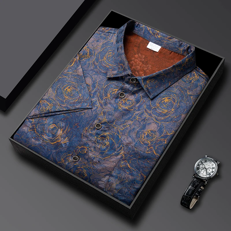 Gambiered Canton Gauze Blue Shirts For Men Short Sleeve Silk 100% Summer Quality Lightweight Coolness 3D Print Camisas De Hombre 
Gambiered Canton Gauze Blue Shirts For Men Short Sleeve Silk 100% Summer Quality Lightweight Coolness 3D Print Camisas De Hombre