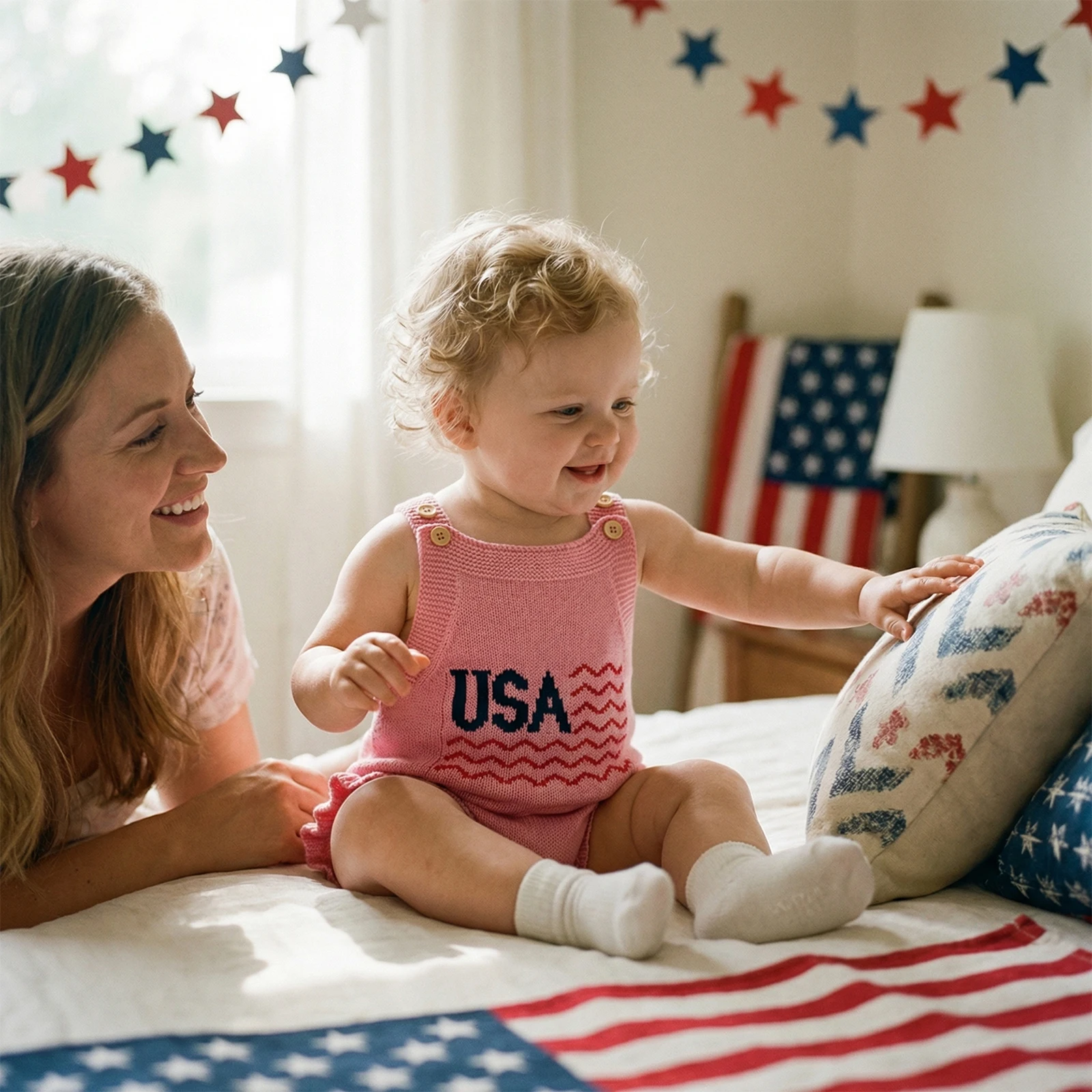 Baby Girl 4th of July Romper Letter Wavy Stripe Embroidered Ruffled Trim Square Neck Sleeveless Newborn Jumpsuit
Baby Girl 4th of July Romper Letter Wavy Stripe Embroidered Ruffled Trim Square Neck Sleeveless Newborn Jumpsuit
