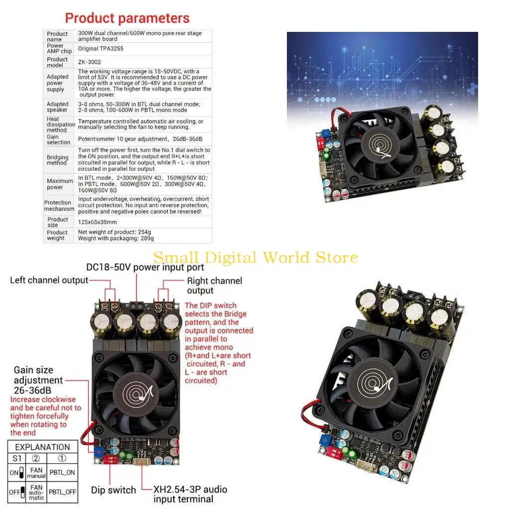 77UB 300W+300W+600W 2.1Channel Power Amplifier Board TPA3255 JRC2068 DC18-50V
77UB 300W+300W+600W 2.1Channel Power Amplifier Board TPA3255 JRC2068 DC18-50V