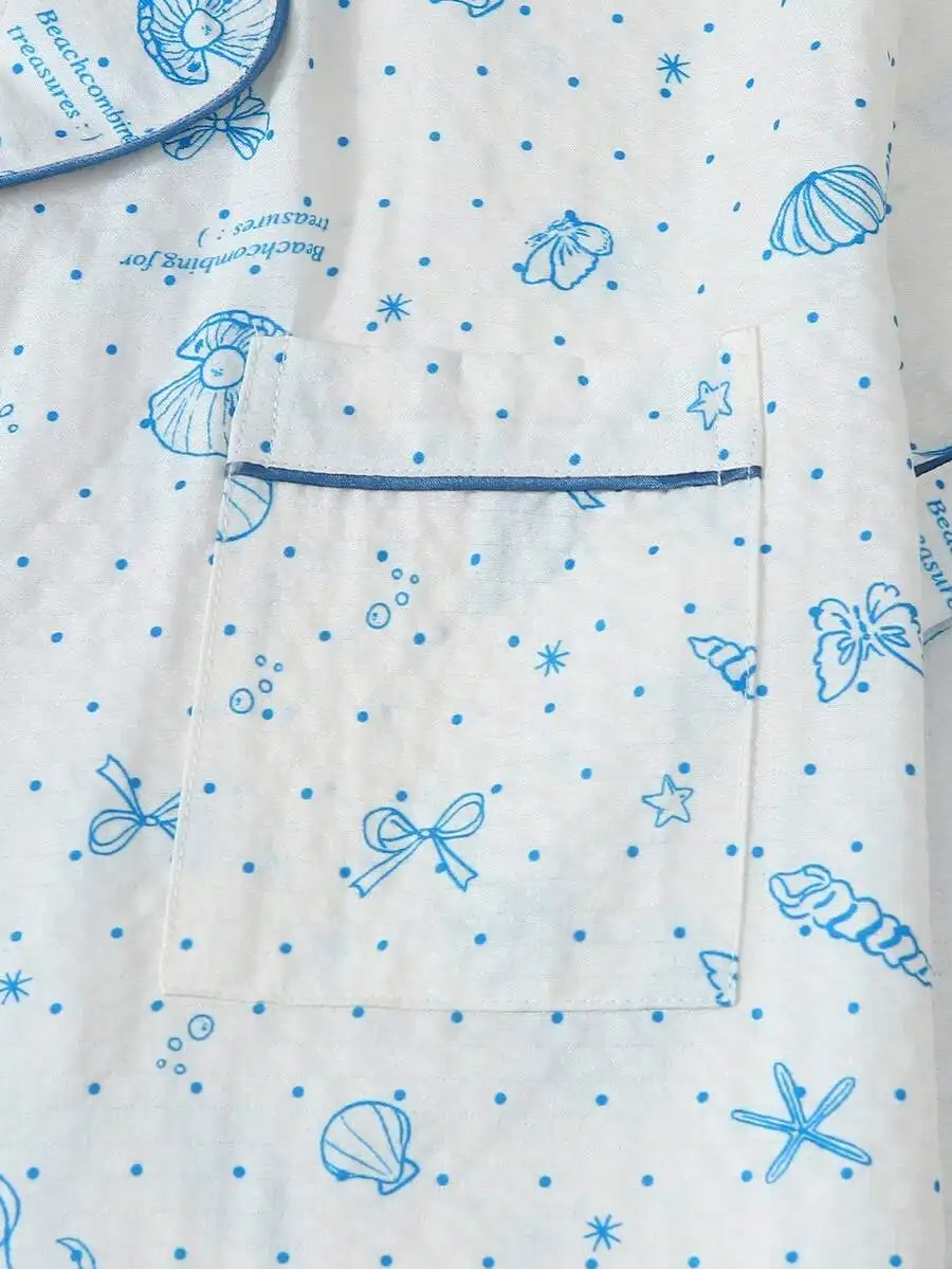 Womens Island Style Polka Dot Shell Print Short Sleeve Collared Sleep Top With Pocket
Womens Island Style Polka Dot Shell Print Short Sleeve Collared Sleep Top With Pocket