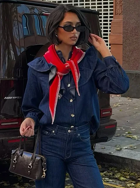 Women Retro Blue Ruffle Collar Denim Jacket Casual Full Sleeve Lapel Single Breasted Short Jackets Lady Commute Street Outwear
Women Retro Blue Ruffle Collar Denim Jacket Casual Full Sleeve Lapel Single Breasted Short Jackets Lady Commute Street Outwear