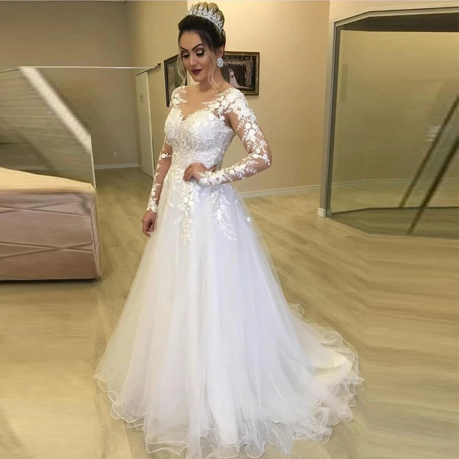 Elegant Dresses Bride Scoop Neck Tulle With Applique Lace A-line Wedding Dress Long Sleeve Sweep Train Button Back Wedding Gowns
Elegant Dresses Bride Scoop Neck Tulle With Applique Lace A-line Wedding Dress Long Sleeve Sweep Train Button Back Wedding Gowns
