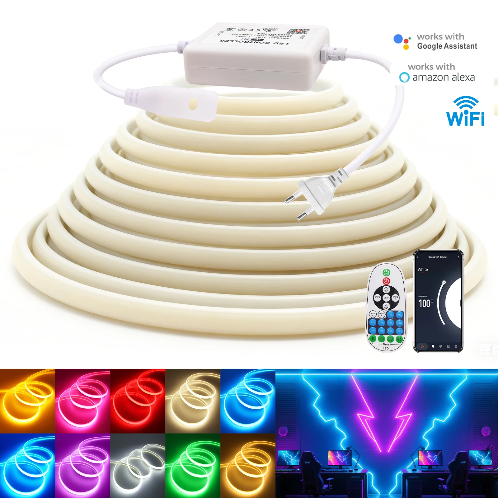 Светодиодная лента COB с регулируемой яркостью, Wi-Fi, 220 В, красная/голубая/розовая/желтая/зеленая/белая, водонепроницаемая, работает с Amazon Alexa
Светодиодная лента COB с регулируемой яркостью, Wi-Fi, 220 В, красная/голубая/розовая/желтая/зеленая/белая, водонепроницаемая, работает с Amazon Alexa
