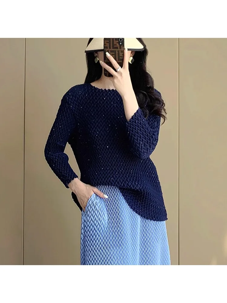Miyake Gold Powder Shiny Pleated Long Sleeved Top for Women in Spring, Simple Handmade Pleated Slimming Solid Color Shirt
Miyake Gold Powder Shiny Pleated Long Sleeved Top for Women in Spring, Simple Handmade Pleated Slimming Solid Color Shirt