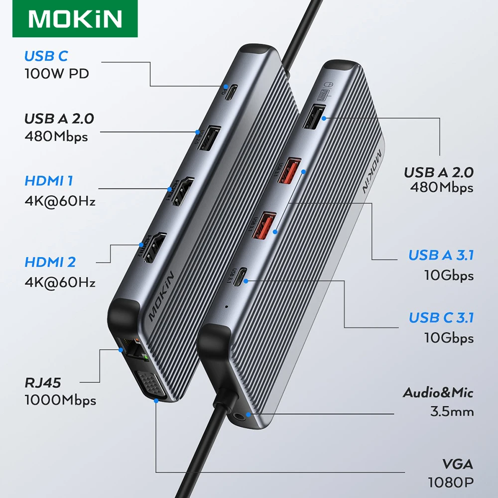 MOKiN USB-концентратор USB Type-C, адаптер-концентратор, док-станция, тройной дисплей, 4K HDMI, 10 Гбит/с, USB3.1, Ethernet, 100 Вт PD для MacBook Pro Air
MOKiN USB-концентратор USB Type-C, адаптер-концентратор, док-станция, тройной дисплей, 4K HDMI, 10 Гбит/с, USB3.1, Ethernet, 100 Вт PD для MacBook Pro Air