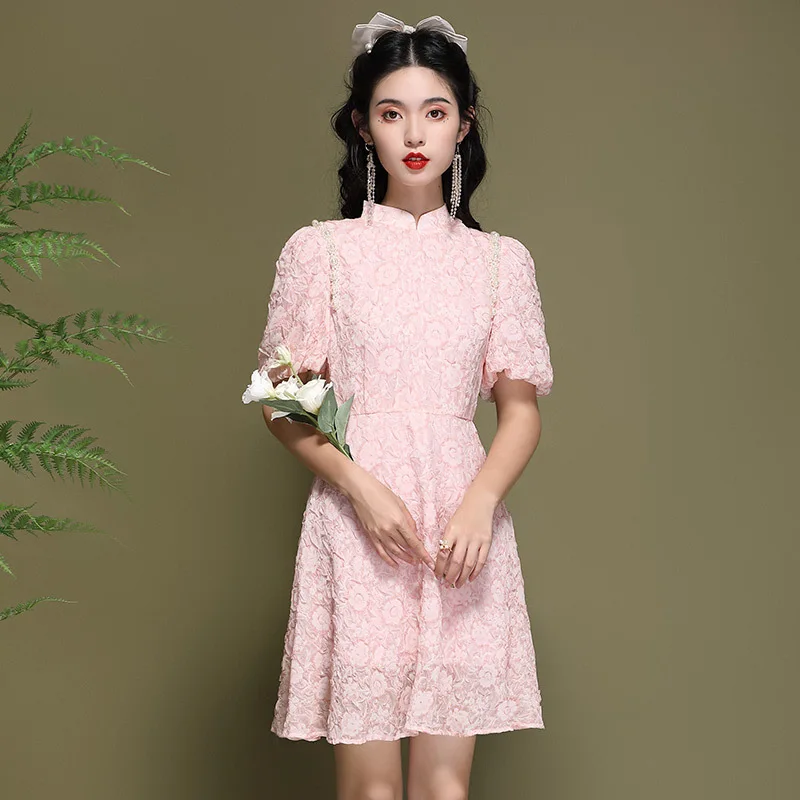 Pink Dress Chiffon New Chinese Style Fashion Stand Collar Short Sleeved Beading Slimming A-Line Young Ladies Mini Dress
Pink Dress Chiffon New Chinese Style Fashion Stand Collar Short Sleeved Beading Slimming A-Line Young Ladies Mini Dress
