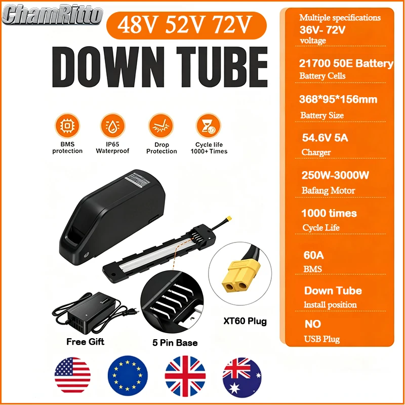 E bike 48V 52V 60V 72V High Power Polly 7 Down tube 30AH 40AH 50Ah ebike Battery 60A BMS 21700 2000W Lithium-ion 1500 Cycle Life
E bike 48V 52V 60V 72V High Power Polly 7 Down tube 30AH 40AH 50Ah ebike Battery 60A BMS 21700 2000W Lithium-ion 1500 Cycle Life