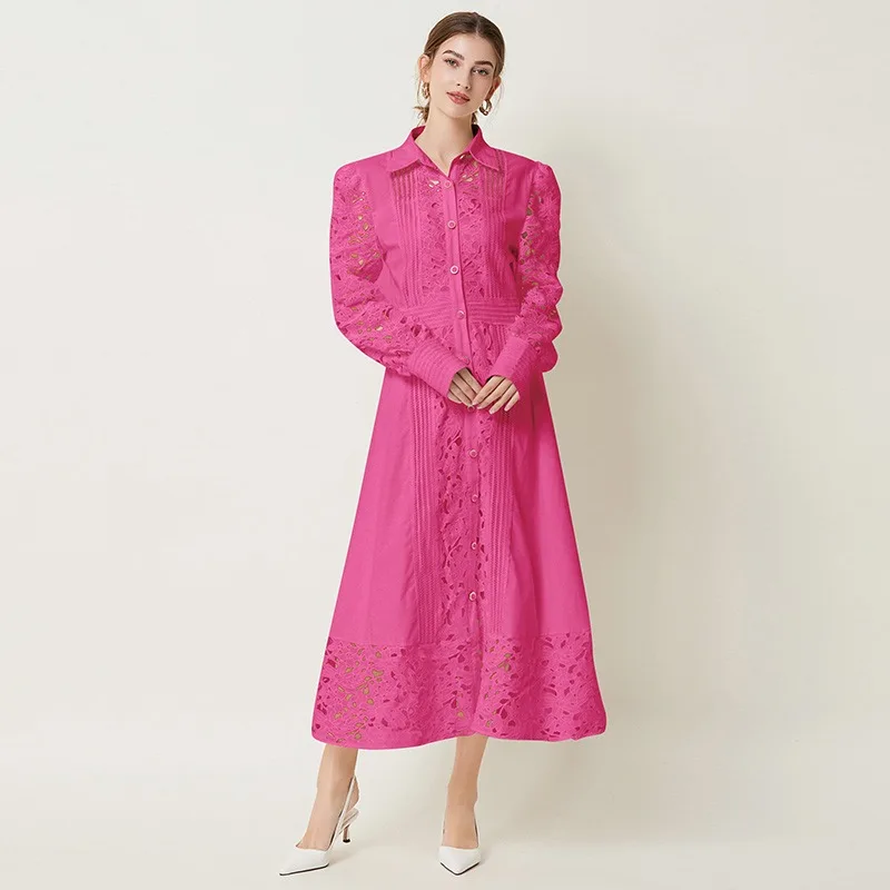 Spring and Summer New Lapel Long Sleeve Hollow Embroidery Lace Solid Color Long Dress
Spring and Summer New Lapel Long Sleeve Hollow Embroidery Lace Solid Color Long Dress