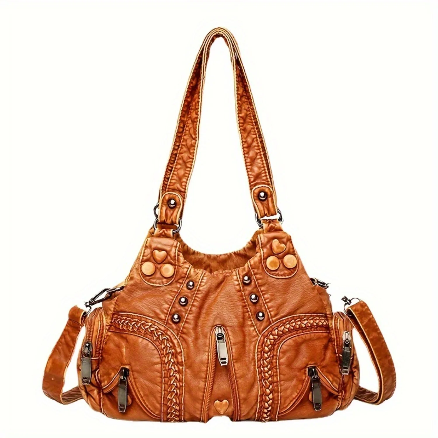 Vintage Solid Color Shoulder Hobo Bag, All-Match Versatile Handbag With Rivets Decor
Vintage Solid Color Shoulder Hobo Bag, All-Match Versatile Handbag With Rivets Decor