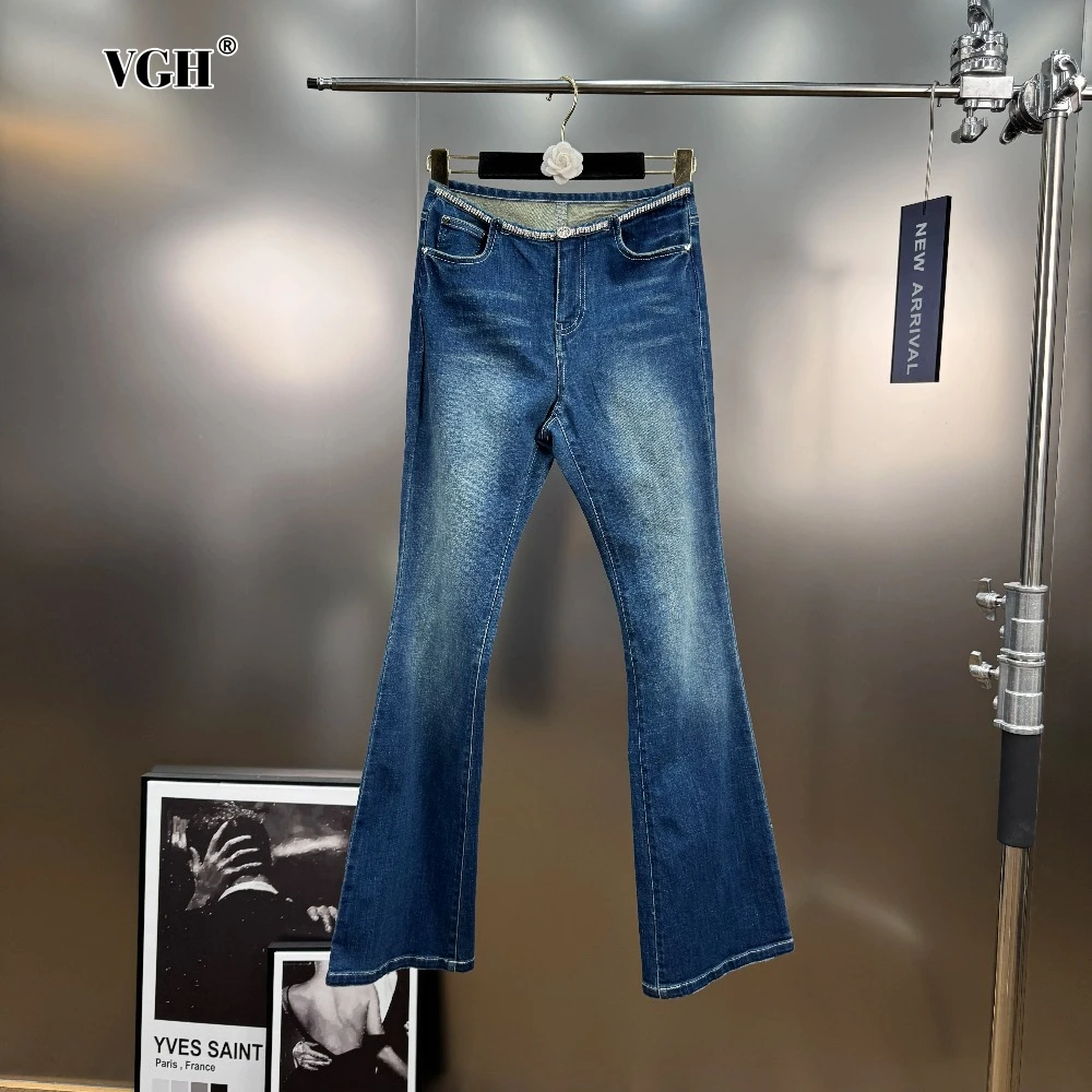VGH Blue Color Spliced Diamonds Washed Flare Trousers for Women Low Waist Retro Distressed Slimming Jeans Female Spring Fashion 
VGH Blue Color Spliced Diamonds Washed Flare Trousers for Women Low Waist Retro Distressed Slimming Jeans Female Spring Fashion