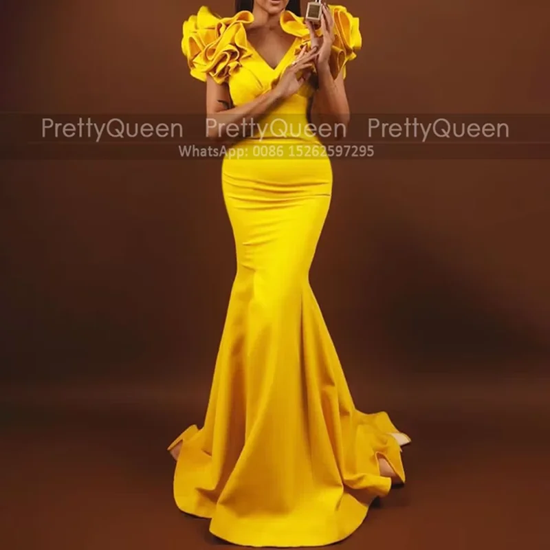 Customized Trumpet Long Prom Dresses With Tiered Ruffles Sleeves V Neck Mermaid Gold Yellow Satin Women Evening Dress Party
Customized Trumpet Long Prom Dresses With Tiered Ruffles Sleeves V Neck Mermaid Gold Yellow Satin Women Evening Dress Party
