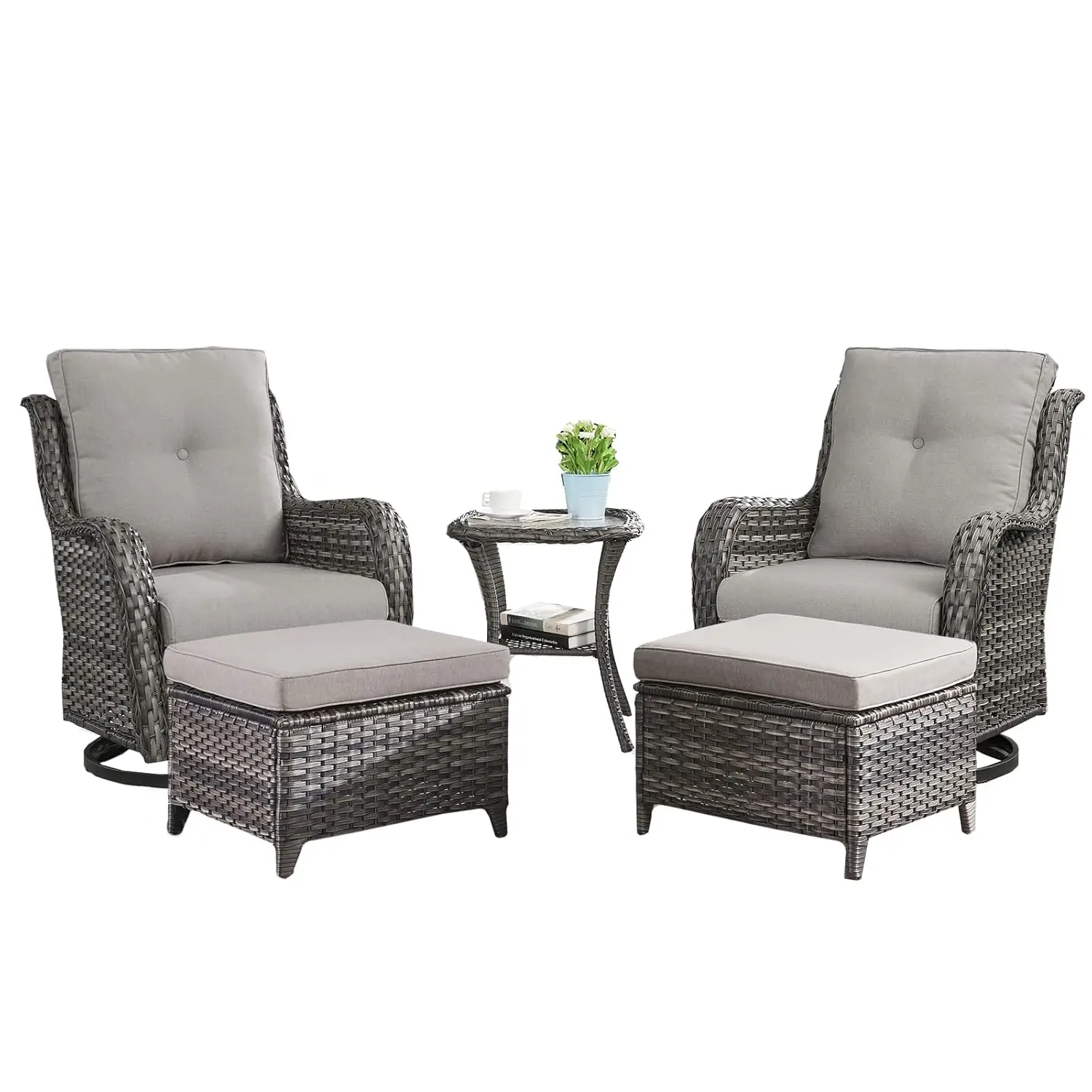 Комплект из 5 предметов: уличный секционный диван из серого ротанга, вращающиеся кресла-качалки, пуфик, приставной столик для патио и сада, на заказ
Комплект из 5 предметов: уличный секционный диван из серого ротанга, вращающиеся кресла-качалки, пуфик, приставной столик для патио и сада, на заказ