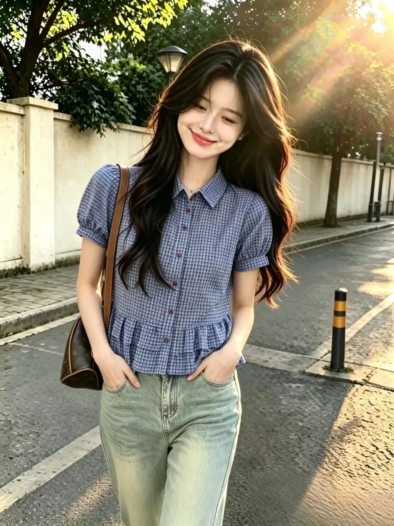 Blue Plaid Bubble Sleeve Shirt Women's Summer Ruffle Hem Short Style French Graded Polyester Fiber Slim Fit Citywalk Top
Blue Plaid Bubble Sleeve Shirt Women's Summer Ruffle Hem Short Style French Graded Polyester Fiber Slim Fit Citywalk Top