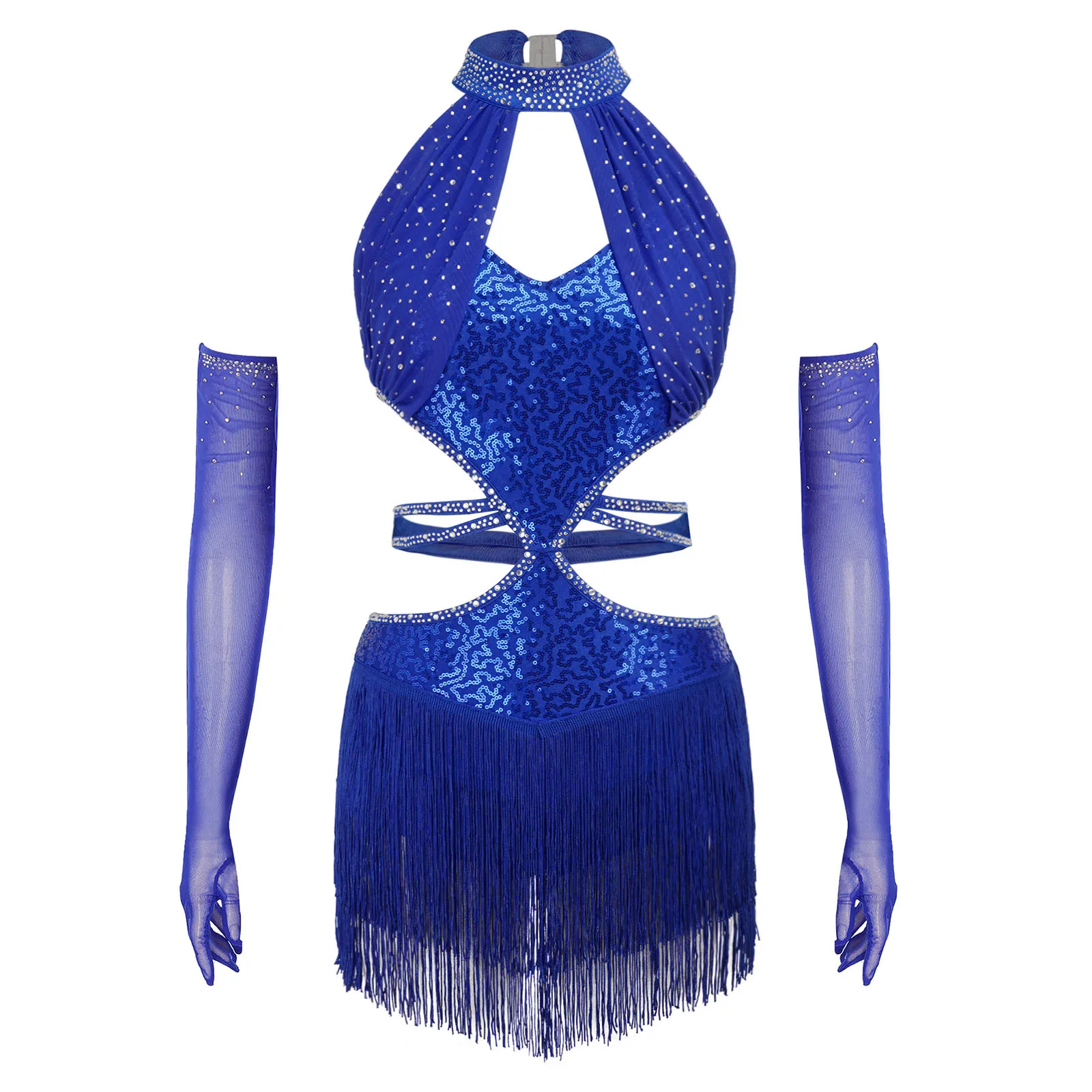 Women Samba Latin Dance Fringed Dress with Gloves Sleeveless Sequin Strappy Waist Tassel Dress Jazz Rumba Performance Costumes
Women Samba Latin Dance Fringed Dress with Gloves Sleeveless Sequin Strappy Waist Tassel Dress Jazz Rumba Performance Costumes