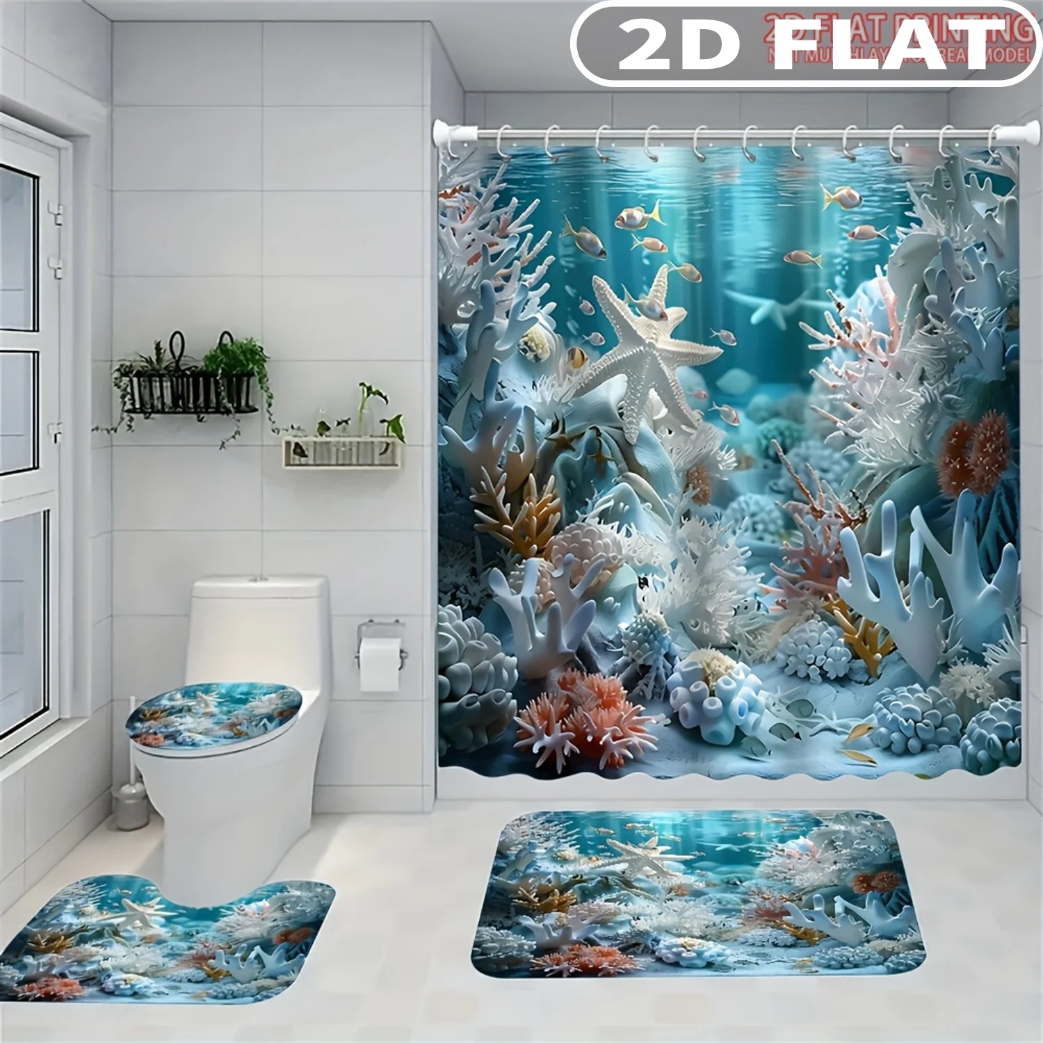 1pc/ 4pcs 2D FLAT Underwater Coral Reef Scene Pattern Shower Curtain Set, Accessories with Bath Mat, U-shaped Mat, Toilet Lid C
1pc/ 4pcs 2D FLAT Underwater Coral Reef Scene Pattern Shower Curtain Set, Accessories with Bath Mat, U-shaped Mat, Toilet Lid C