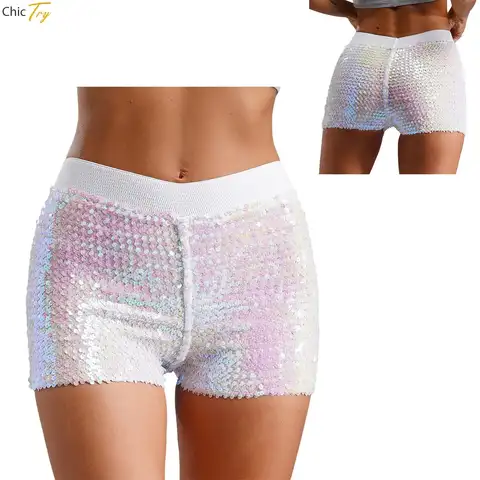 Womens Shiny Sequin Jazz Dancing Booty Shorts Nightclub Bar Singer Gogo Dance Costume Hot Pants Team DS Lead Stretchy Shorts