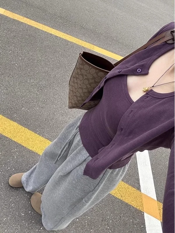 Korean Sle ort Sve Long irt Two Piece Set Women's Faion Slim Fit Crop Top Purple Strap Vest Spring Autumn Wear
Korean Sle ort Sve Long irt Two Piece Set Women's Faion Slim Fit Crop Top Purple Strap Vest Spring Autumn Wear