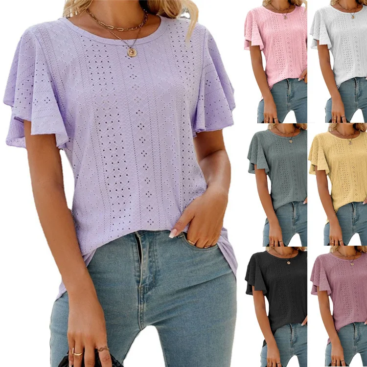 Women's Casual T-Shirts Loose Fit Falbala Swing Short Sleeve Round Neck Hollowed Out Pure Color Summer Blouse Mesh Female Tops
Women's Casual T-Shirts Loose Fit Falbala Swing Short Sleeve Round Neck Hollowed Out Pure Color Summer Blouse Mesh Female Tops