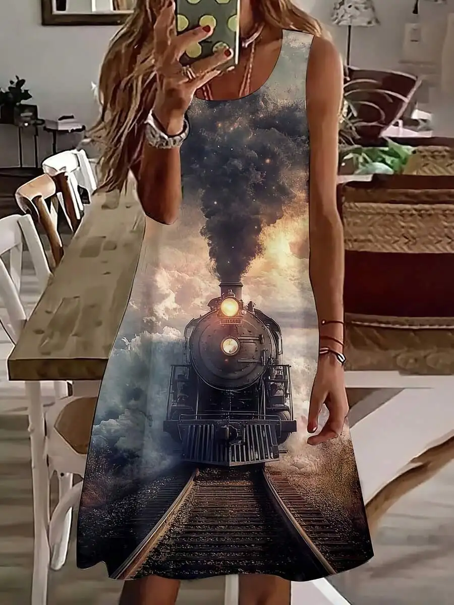 Women Sleeveless Dress Steam Train Print Summer Casual Dress
Women Sleeveless Dress Steam Train Print Summer Casual Dress