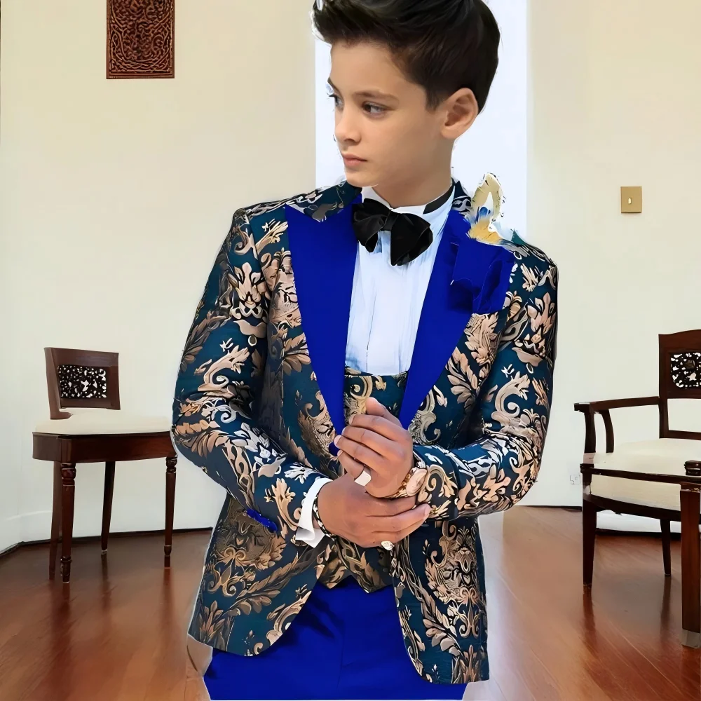 Navy Blue Jacquard Floral oys Suit 3-piece Jacket Pants Vest Wedding Children Tuxedo Fashion 2-16 Old Years Children Blazer
Navy Blue Jacquard Floral oys Suit 3-piece Jacket Pants Vest Wedding Children Tuxedo Fashion 2-16 Old Years Children Blazer