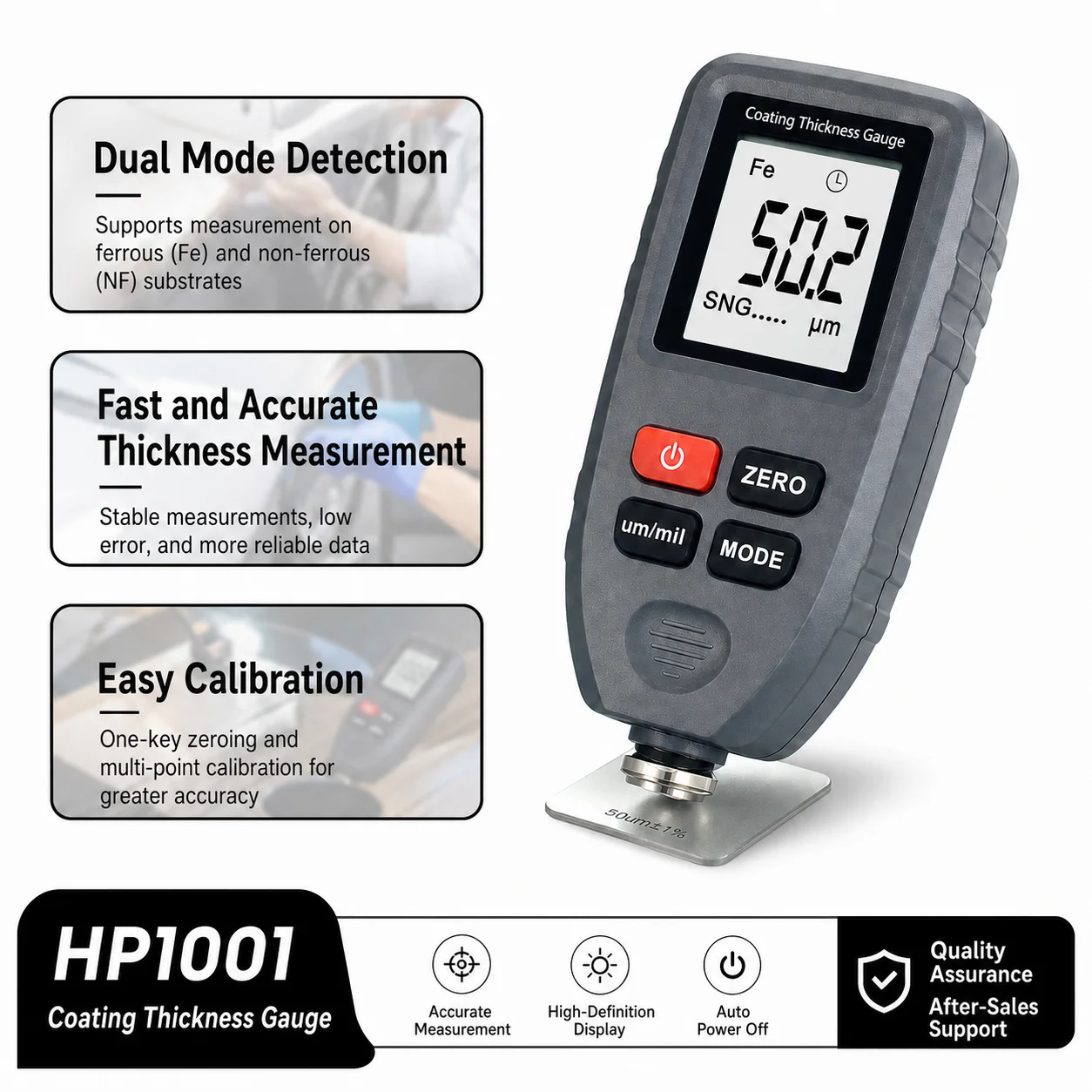 HoldPeak HP-1001 Coating Thickness Gauge Fe/NF 0-1300um Paint Meter with Probe for Car Auto Paint Rust Coating Tester
HoldPeak HP-1001 Coating Thickness Gauge Fe/NF 0-1300um Paint Meter with Probe for Car Auto Paint Rust Coating Tester