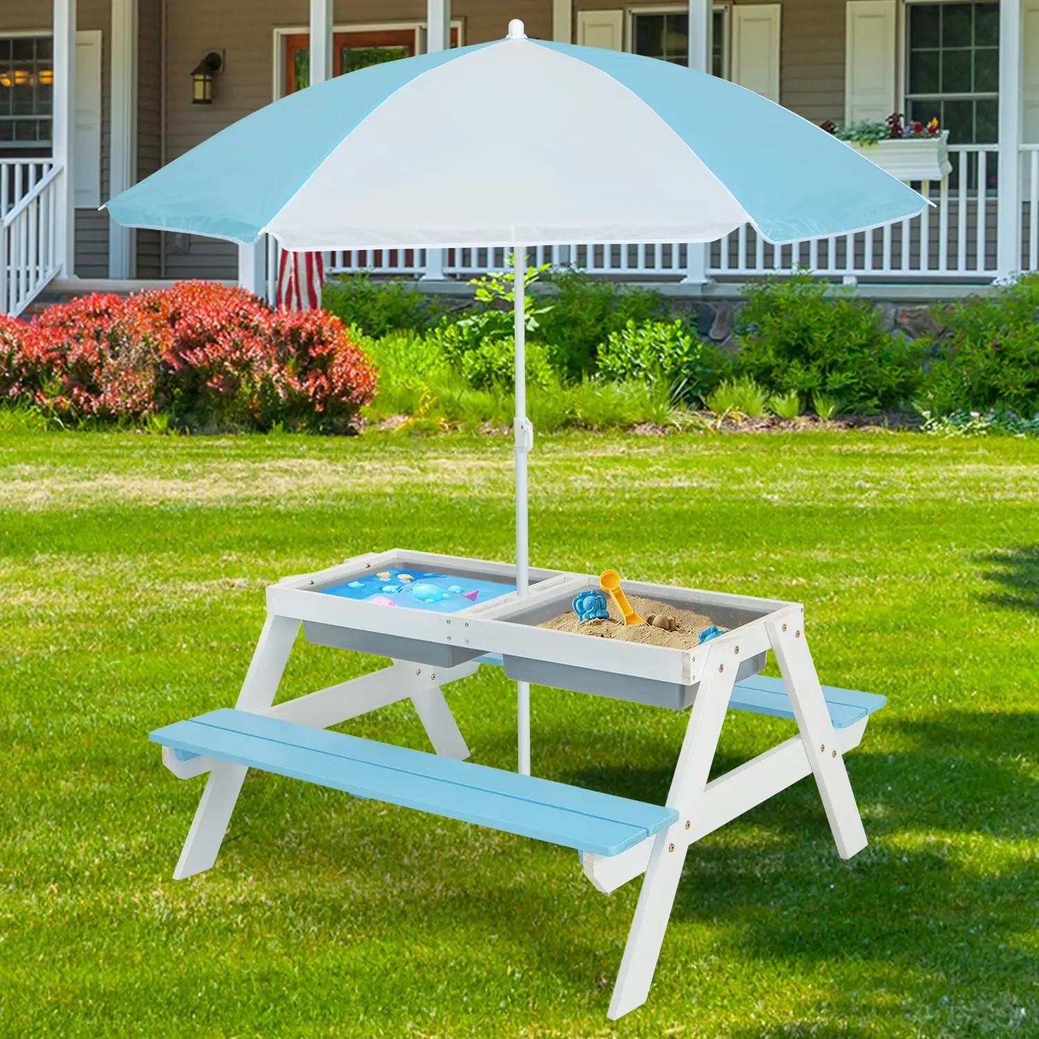 3 in 1 Kids Picnic Table Sand Water Play Set with Umbrella and Benches for Toddlers Outdoor Indoor
3 in 1 Kids Picnic Table Sand Water Play Set with Umbrella and Benches for Toddlers Outdoor Indoor