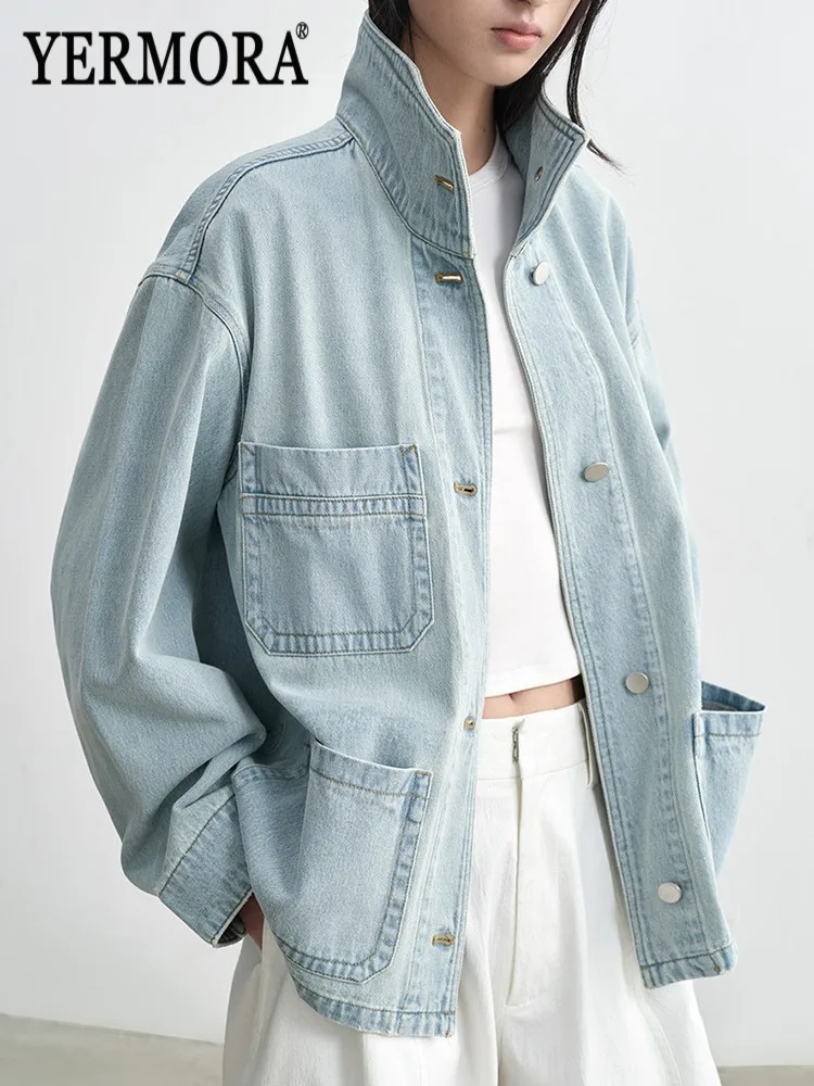 YERMORA Blue Button Pockets Big Size Denim Jacket For Women Lapel Long Sleeve Loose New Coat Fashion Tide Spring Autumn 2026
YERMORA Blue Button Pockets Big Size Denim Jacket For Women Lapel Long Sleeve Loose New Coat Fashion Tide Spring Autumn 2026