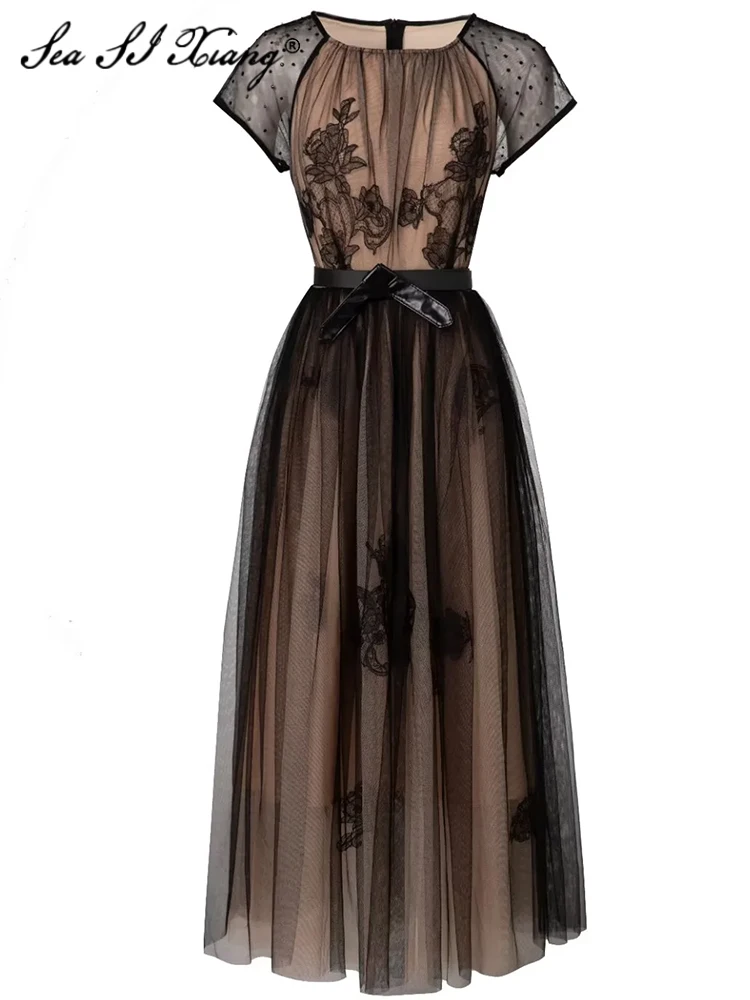 Seasixiang Fashion Designer Summer Mesh Embroidery Dress Women's O-Neck Crystal Short Sleeve Sashes Vintage Long Dresses
Seasixiang Fashion Designer Summer Mesh Embroidery Dress Women's O-Neck Crystal Short Sleeve Sashes Vintage Long Dresses
