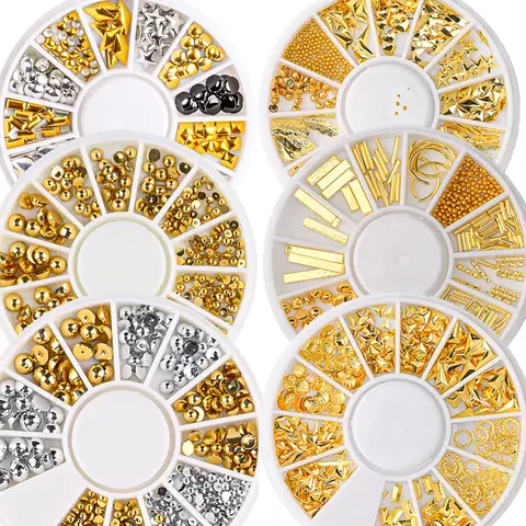 3D Gold Silver Metal Rivets Nail Charms Mixed Design Moon Stars Stick Nail Art Decoration 1*Wheel Alloy Rivets Manicure Supplies