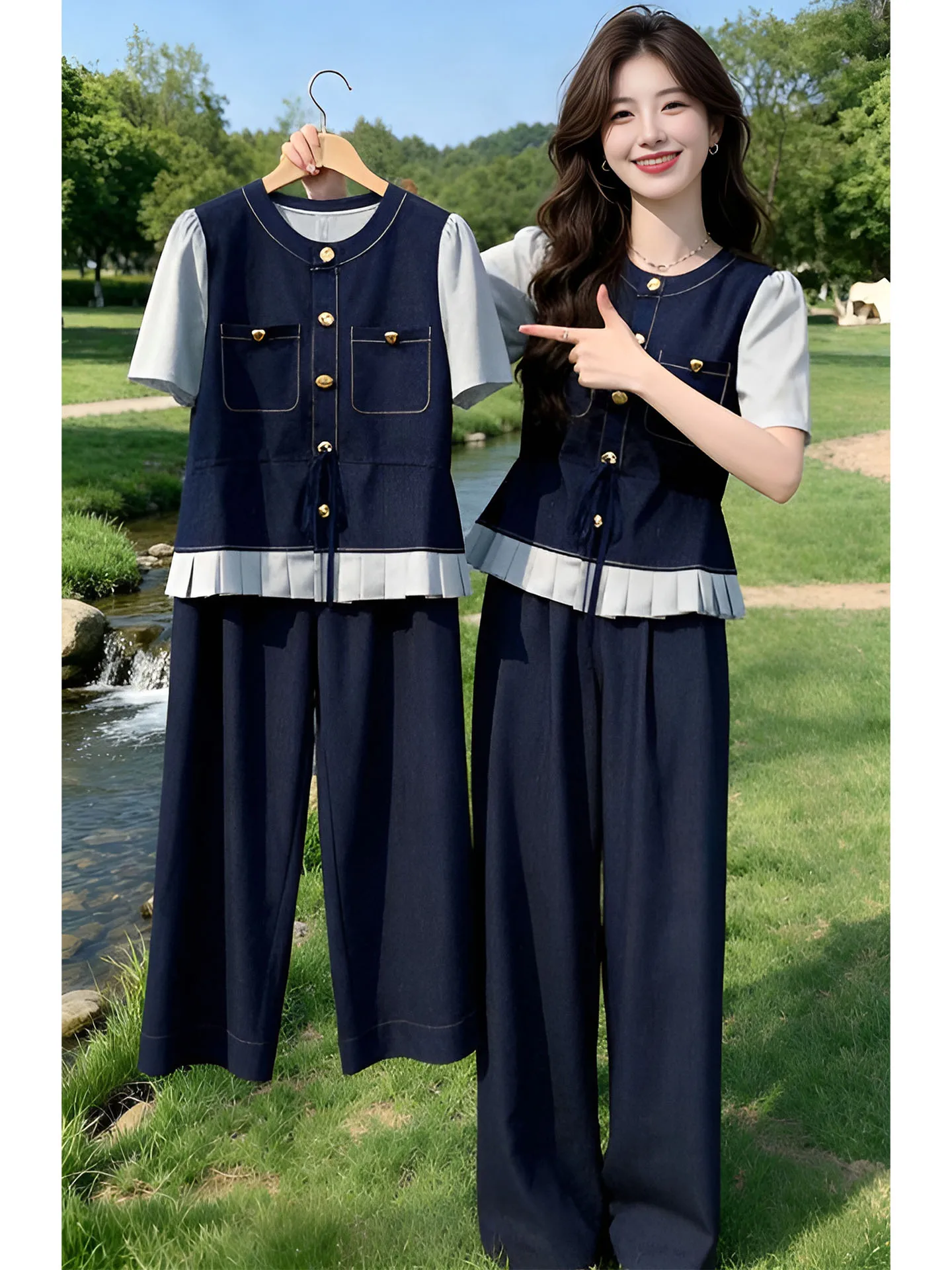 Deep Blue Denim Patchwork Jacket Wide Leg Pants Set Women Summer Loose Feel Two Piece Set Fashionable Casual Outfit Combo
Deep Blue Denim Patchwork Jacket Wide Leg Pants Set Women Summer Loose Feel Two Piece Set Fashionable Casual Outfit Combo
