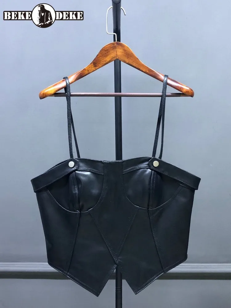 Sexy Women Night Clubwear Strap Vest Top Suspenders Backless Sheepskin Genuine Leather Tops Punk Stage Show Slim Fit Waistcoat
Sexy Women Night Clubwear Strap Vest Top Suspenders Backless Sheepskin Genuine Leather Tops Punk Stage Show Slim Fit Waistcoat