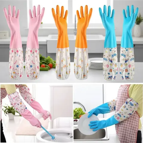 Cartoon Print Long Rubber Gloves Anti-Skid Household Cleaning Dish Washing Gloves Size M-L