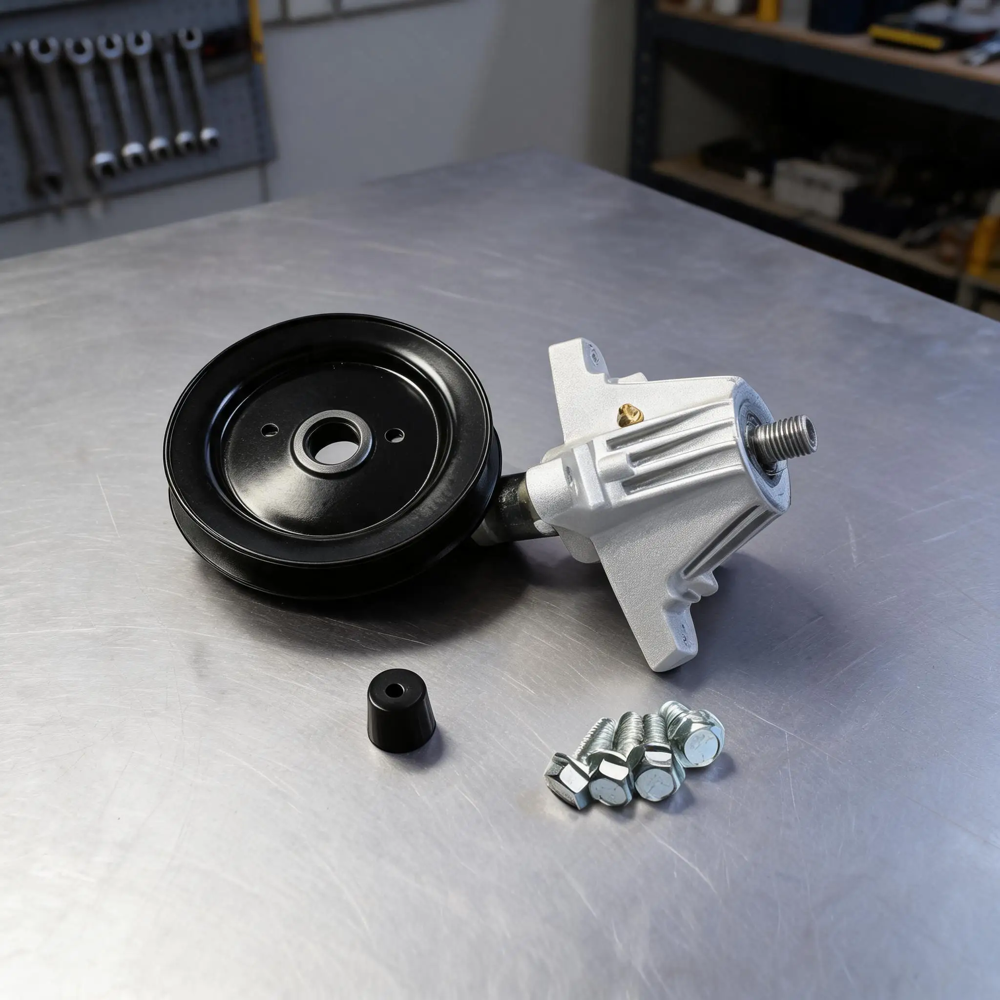 Lawn Mower Spindle Assembly For 918-04822B Including Thread Tapped Screws, A Pulley, Zerk Fitting, And Dust Cover
Lawn Mower Spindle Assembly For 918-04822B Including Thread Tapped Screws, A Pulley, Zerk Fitting, And Dust Cover