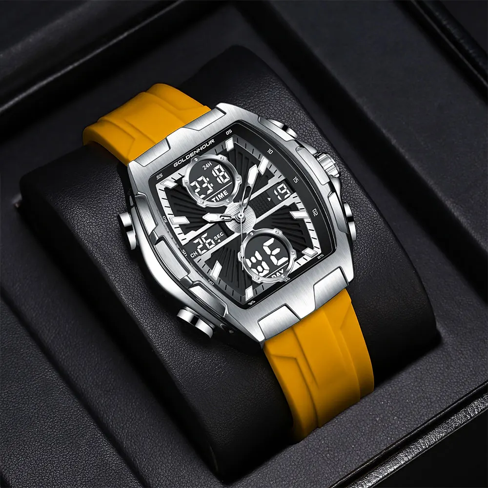 GOLDEN HOUR Luxury Men's Watch Silver Steel Case Silicone Strap Waterproof Luminous Chronograph Quartz Sport Relogio Masculino
GOLDEN HOUR Luxury Men's Watch Silver Steel Case Silicone Strap Waterproof Luminous Chronograph Quartz Sport Relogio Masculino