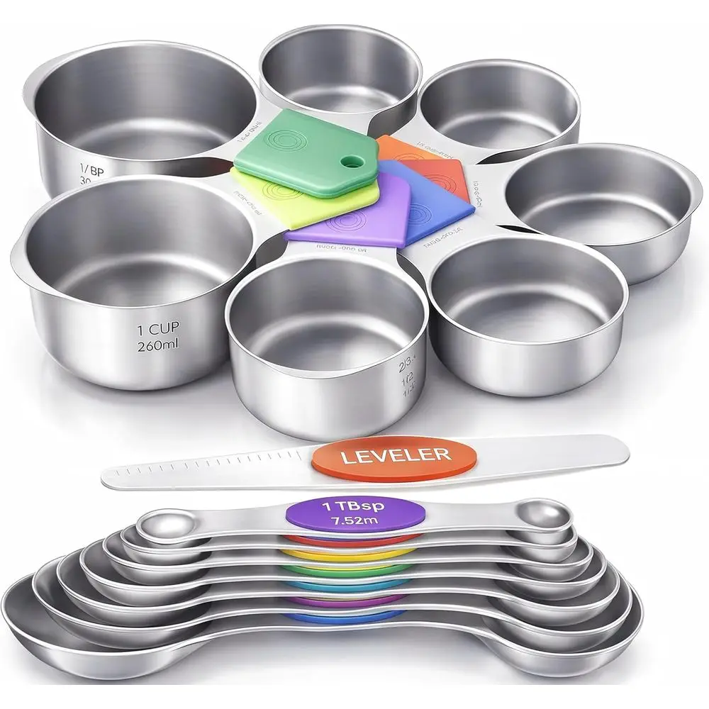 Magnetic Measuring Cups and Spoons Set 304 Stainless Steel Dual Scale Set of 15, Strong N52 Magnetic Nesting Design with Leveler
Magnetic Measuring Cups and Spoons Set 304 Stainless Steel Dual Scale Set of 15, Strong N52 Magnetic Nesting Design with Leveler