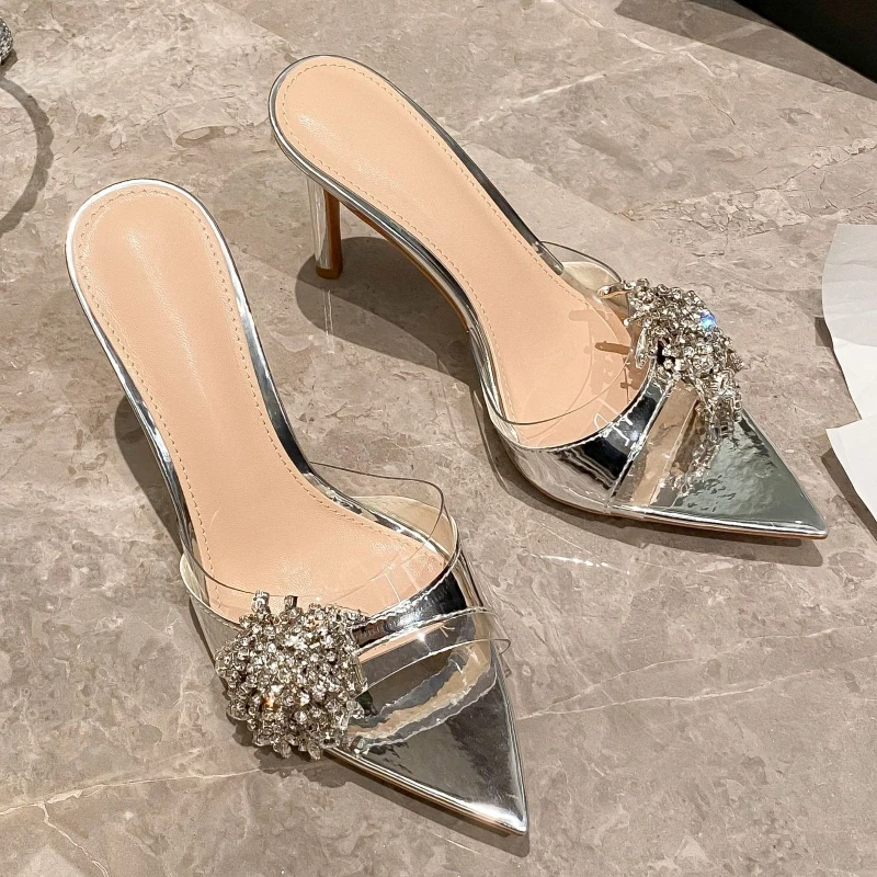 New pointed rhinestones with sandals women's stiletto open-toed high-heeled half-slippers fashionable to wear outside
New pointed rhinestones with sandals women's stiletto open-toed high-heeled half-slippers fashionable to wear outside