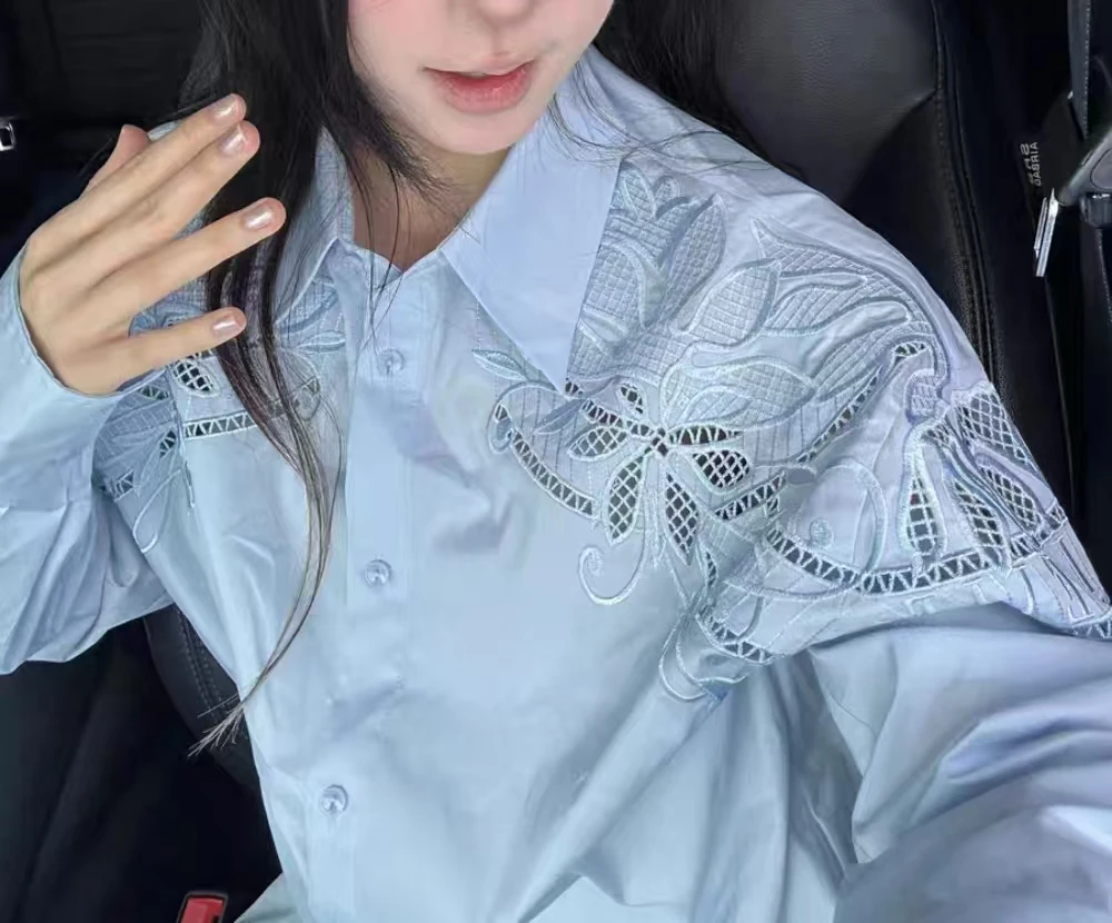 High-end Hollow Out Embroidery Cotton Blue Shirts Blouses For Women 2025 Spring Trend Long Sleeve Casual Single Breasted Tops
High-end Hollow Out Embroidery Cotton Blue Shirts Blouses For Women 2025 Spring Trend Long Sleeve Casual Single Breasted Tops