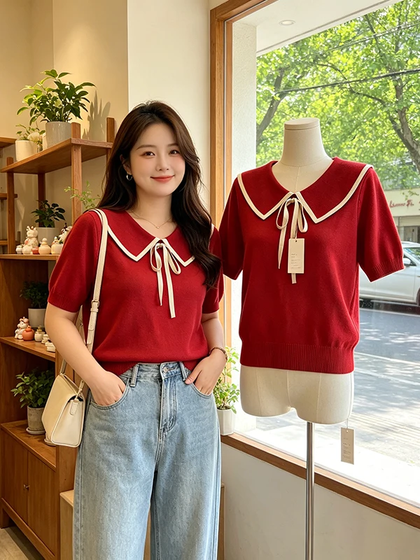 plus Size Doll Collar Short Sleeve Knitted Ice Silk T-Shirt Women Summer Slimming Belly Covering Shoulder Width Regular Fit Top
plus Size Doll Collar Short Sleeve Knitted Ice Silk T-Shirt Women Summer Slimming Belly Covering Shoulder Width Regular Fit Top