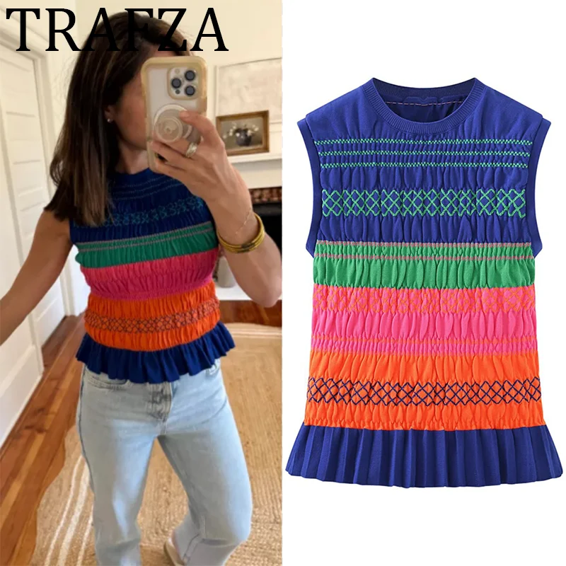 TRAFZA 2025 Smocked Knit Top Women Round Neck Sleeveless Elasticat Ruffles Crop Top for Woman Fashion Female tanks & camis y2k
TRAFZA 2025 Smocked Knit Top Women Round Neck Sleeveless Elasticat Ruffles Crop Top for Woman Fashion Female tanks & camis y2k