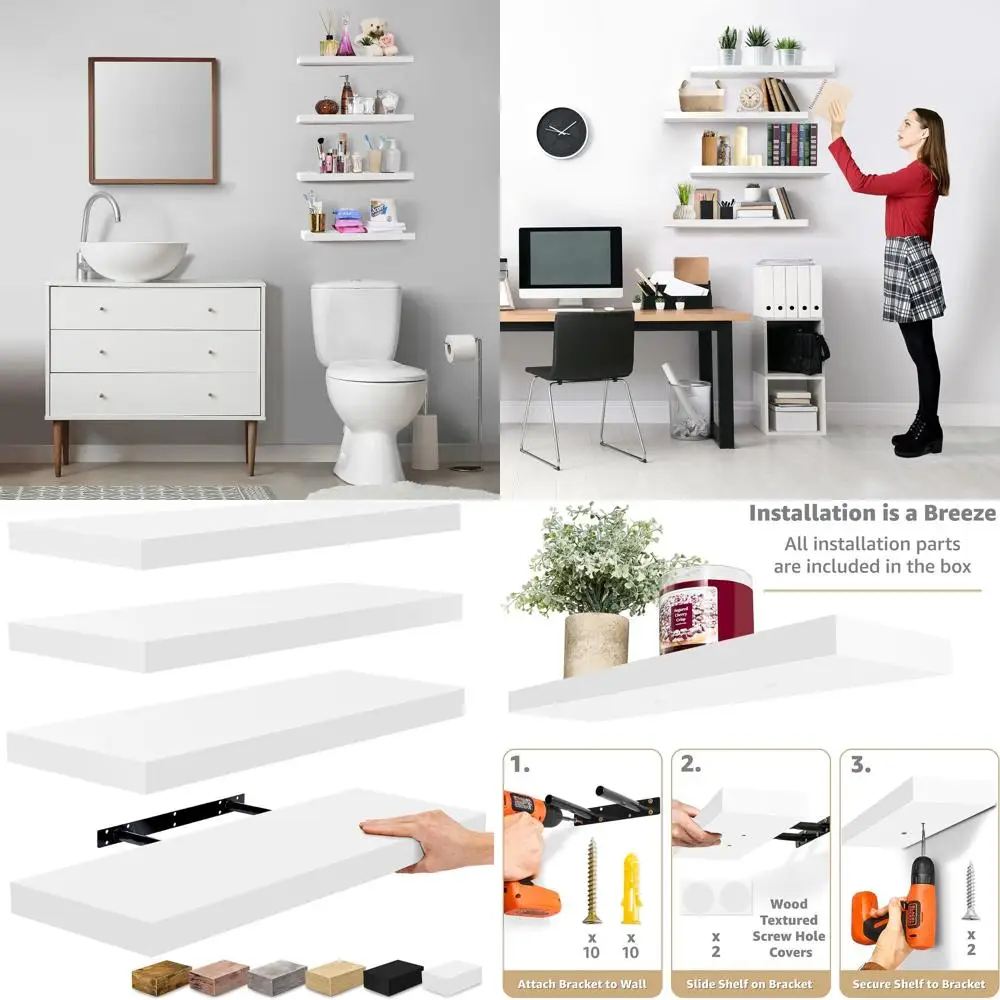 24 Wall-Mounted Floating Shelves - 4-Pack White for Home Decor, Storage in Bathroom, Bedroom, Kitchen, Living Room
24 Wall-Mounted Floating Shelves - 4-Pack White for Home Decor, Storage in Bathroom, Bedroom, Kitchen, Living Room