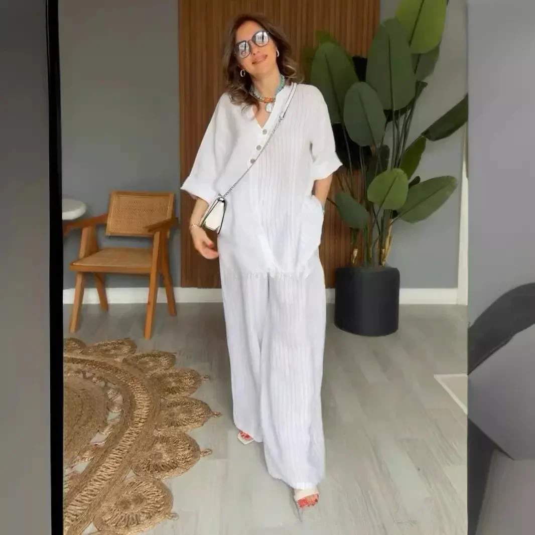 Women Two Piece Set Loose Top Wide Leg Pants Suit Casual Ensemble Female Outfits Blouse Button V Neck Solid Full Length Sets
Women Two Piece Set Loose Top Wide Leg Pants Suit Casual Ensemble Female Outfits Blouse Button V Neck Solid Full Length Sets