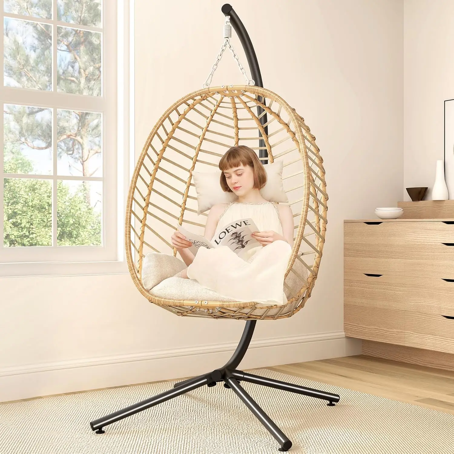Modern Simple Egg Chair Stand UV Resistant Rattan Swing Chair for Bedroom Balcony Garden Removable Cushions for Gym Application
Modern Simple Egg Chair Stand UV Resistant Rattan Swing Chair for Bedroom Balcony Garden Removable Cushions for Gym Application