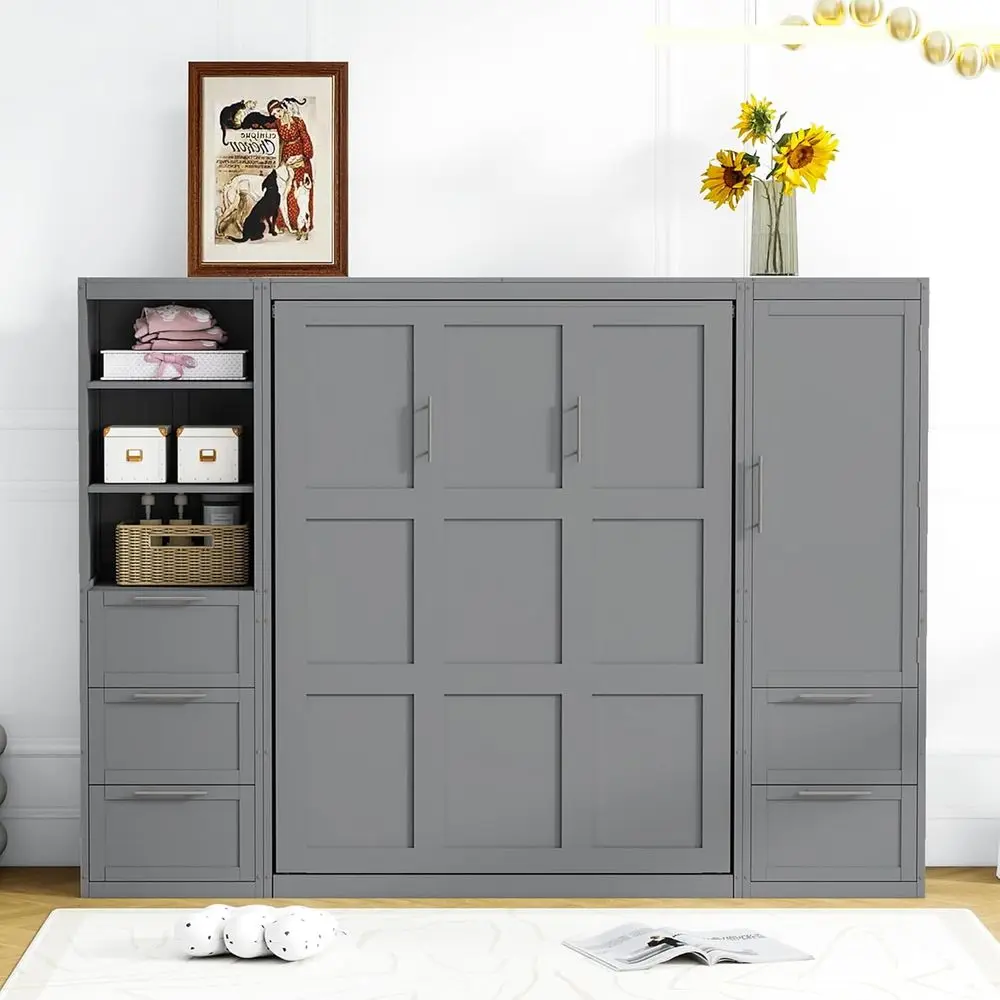 Gray Queen-Size Wooden Wall Bed with Desk, Closet, and Shelves
Gray Queen-Size Wooden Wall Bed with Desk, Closet, and Shelves