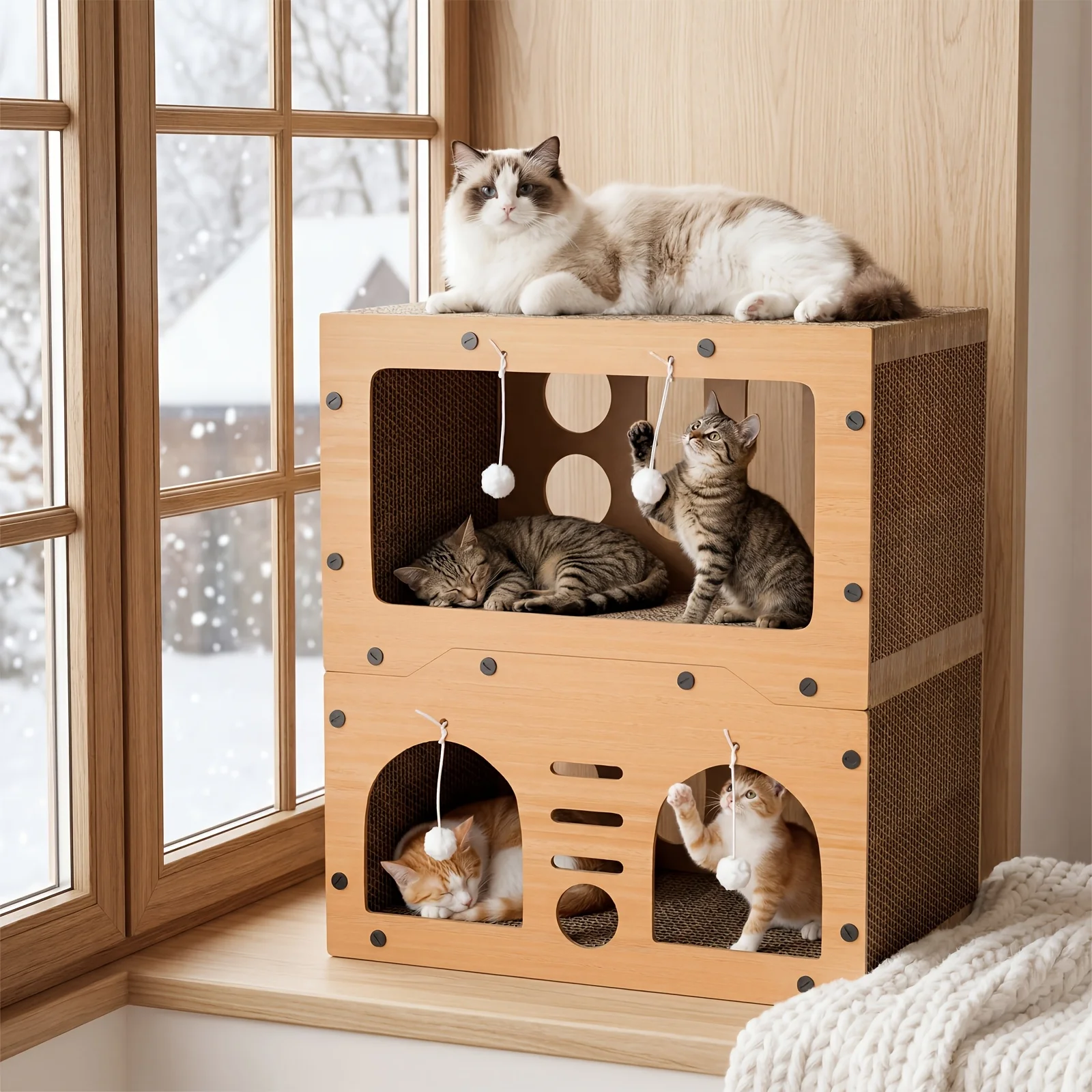 A Roomy Three-Level Cat Home Ideal for Both Indoor And Outdoor Relaxation And Play - A Versatile Cat Villa Featuring Dual Scratching Boards, Soft Balls, And Ventilation Openings - Easy to Put Together And Built to Last
A Roomy Three-Level Cat Home Ideal for Both Indoor And Outdoor Relaxation And Play - A Versatile Cat Villa Featuring Dual Scratching Boards, Soft Balls, And Ventilation Openings - Easy to Put Together And Built to Last