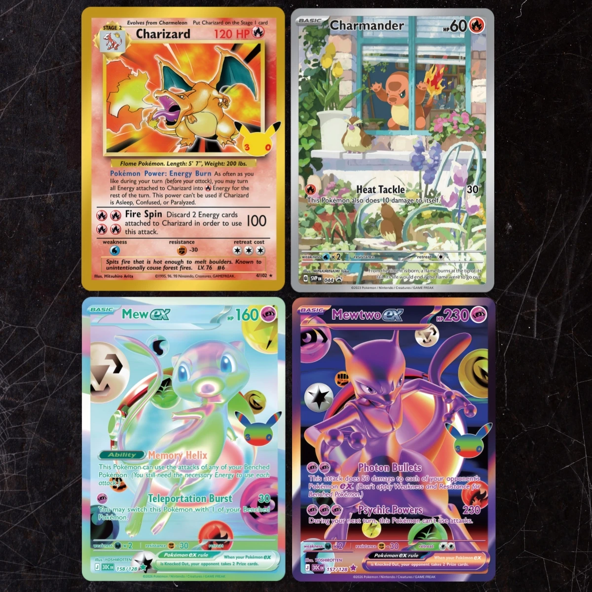 Pokemon 4pcs 30th Anniversary Charizard Charmander Mew ex Mewtwo ex DIY Holographic Texture Cards,Premium Anime Collection Card
Pokemon 4pcs 30th Anniversary Charizard Charmander Mew ex Mewtwo ex DIY Holographic Texture Cards,Premium Anime Collection Card
