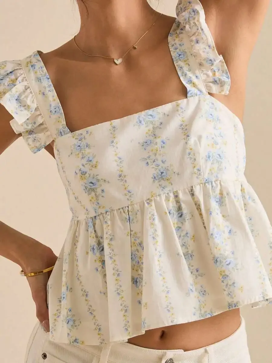 Women Summer Floral Print Ruffle Sleeve Square Neck Crop Top
Women Summer Floral Print Ruffle Sleeve Square Neck Crop Top
