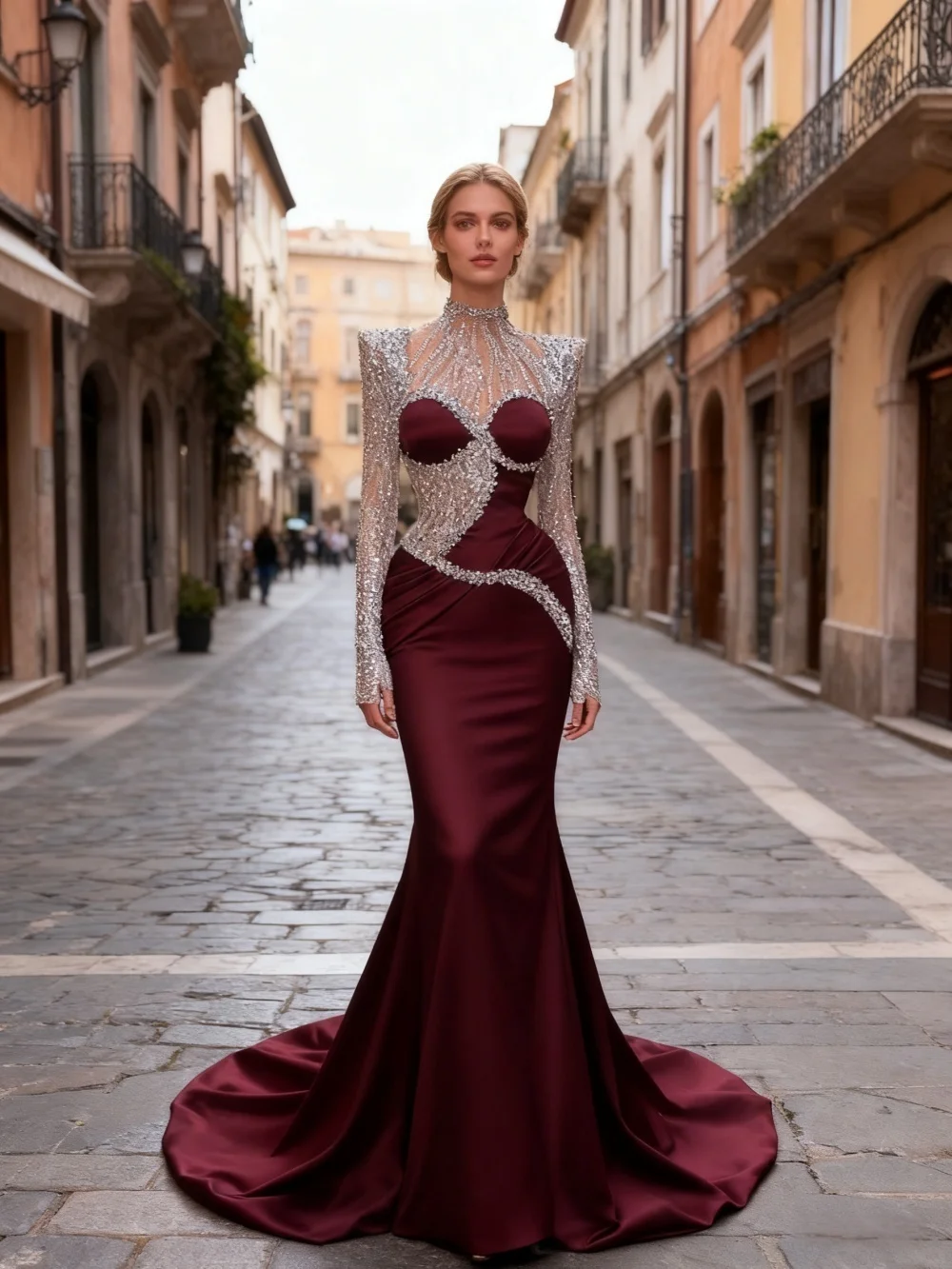 GraceProm Burgundy Satin Evening Gown With Crystal Embellished High Neck Long Sleeves Cut Out Detail A-Line Formal Prom Dress
GraceProm Burgundy Satin Evening Gown With Crystal Embellished High Neck Long Sleeves Cut Out Detail A-Line Formal Prom Dress