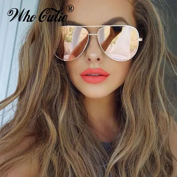 WHO CUTIE 트렌드 오버사이즈 항공 선글라스, 여성 브랜드 디자이너, 레트로 플랫 탑 핑크 미러 렌즈, 파일럿 선글라스, UV 쉐이드